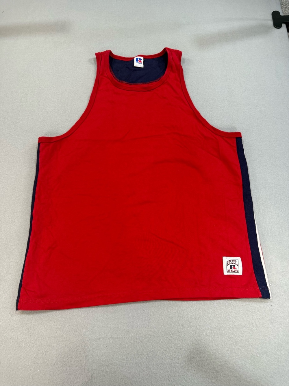 Russell Athletic Men’s Red Rank Top with blue and white stripes down side size L